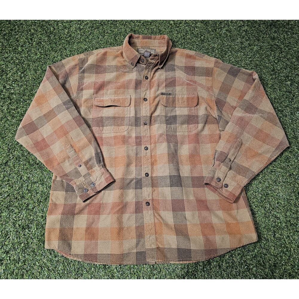 Legendary Whitetails Flannel Seersucker Mens Sz XL Plaid Orange Brown Bitton Up
